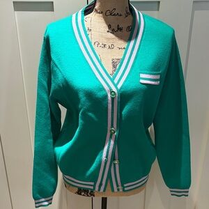 Green Cardigan with Striped Trim